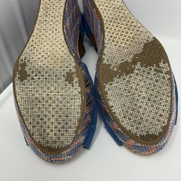 Toms Wedge Heel Shoes 7.5 Blue Suede Geometric Open Toe Sandals Ankle Strap - Picture 12 of 15